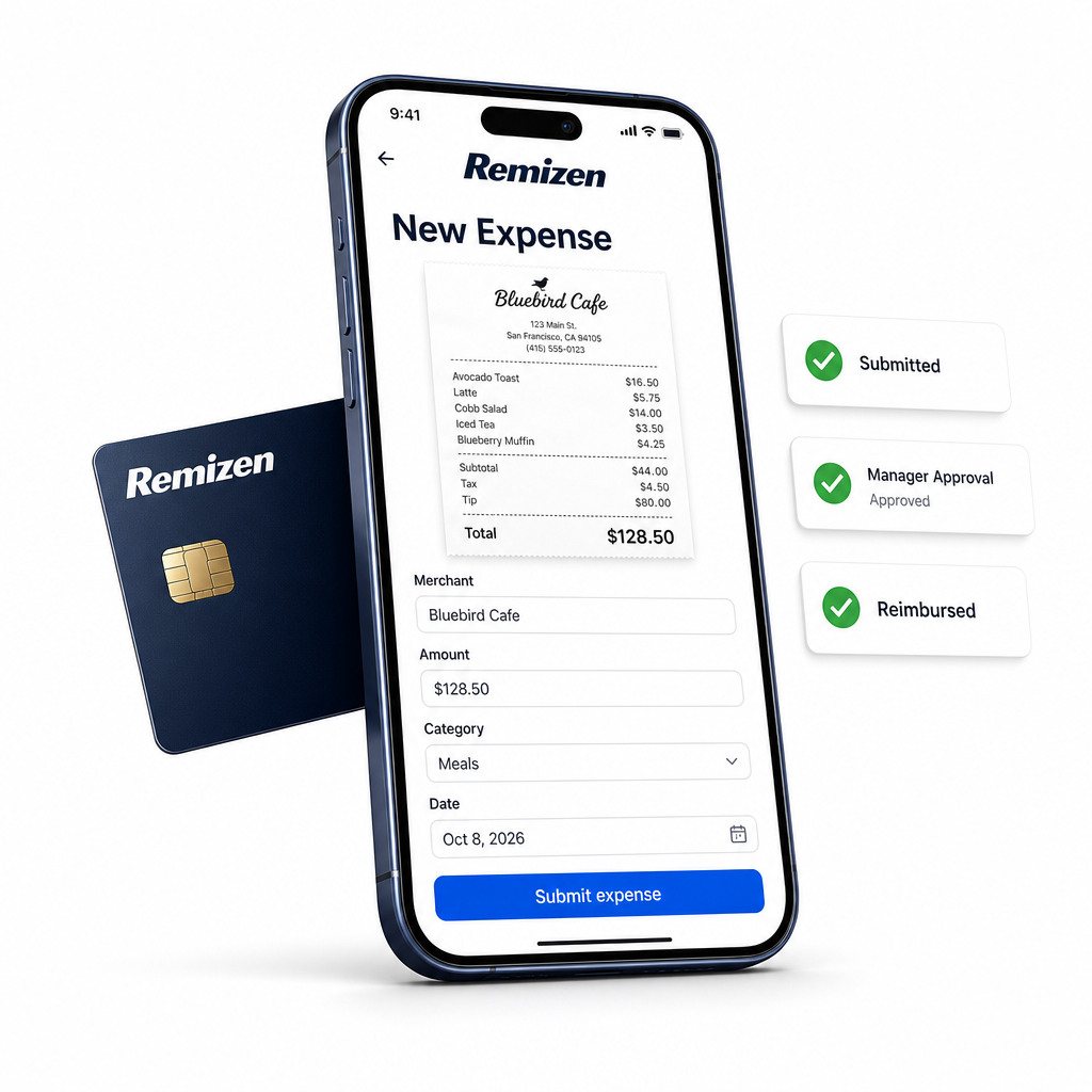 Angled Remizen smartphone showing New Expense with a receipt preview and expense fields, one navy payment card behind it, and three floating green-check status cards: Submitted, Manager Approval — Approved, and Reimbursed