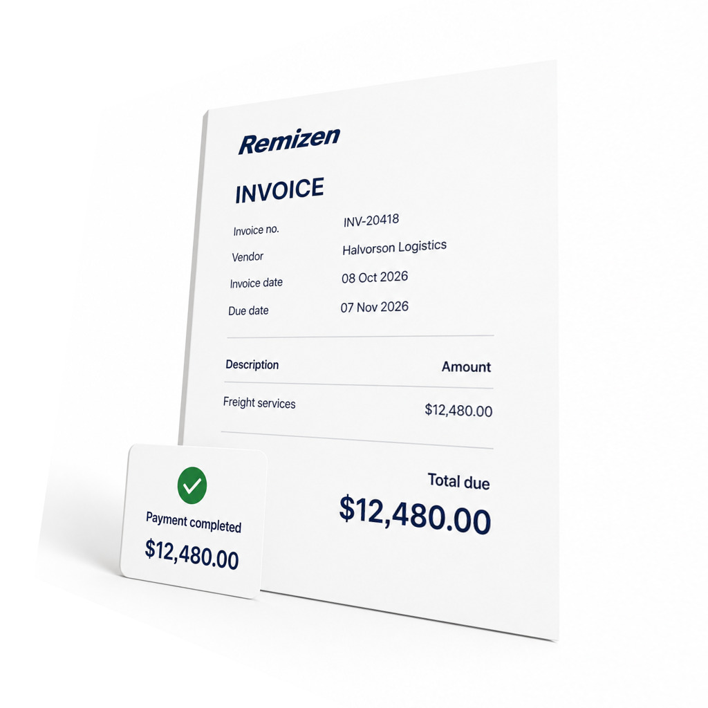 White Remizen invoice INV-20418 from Halvorson Logistics for $12,480.00, turned toward the Accounts Payable text with a green-check Payment completed card overlapping its lower-left corner