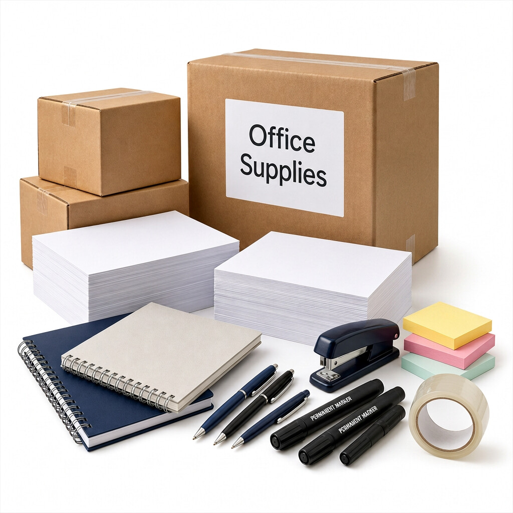 Three cardboard shipping boxes, including one labeled Office Supplies, with stacks of white printer paper, spiral notebooks, pens, permanent markers, colorful sticky notes, a stapler, and clear packing tape on white