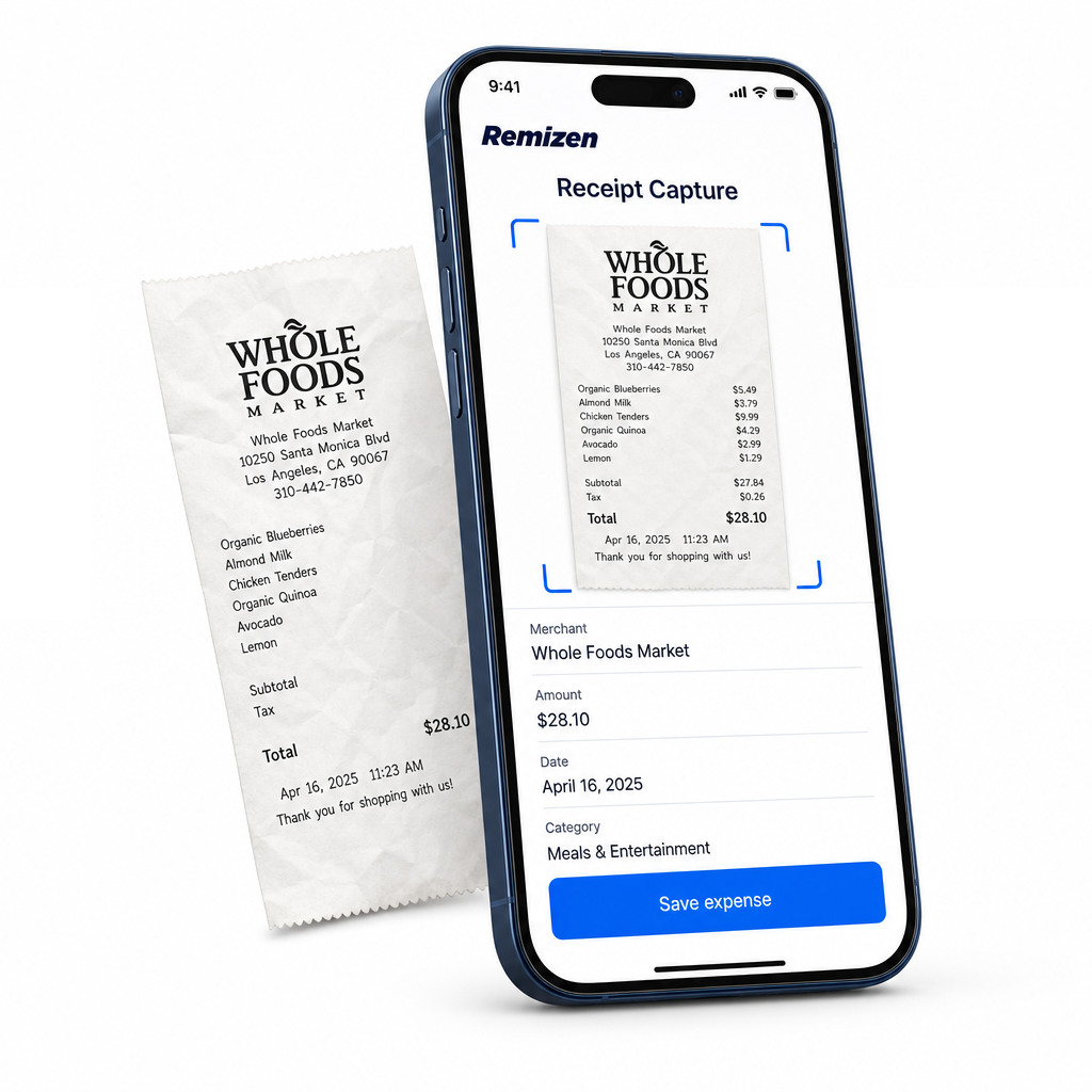 Remizen smartphone scanning a receipt with blue brackets and extracted fields: Whole Foods Market, $28.10, April 16, 2025, Meals & Entertainment, and a Save expense button; one paper receipt behind the phone on a white background