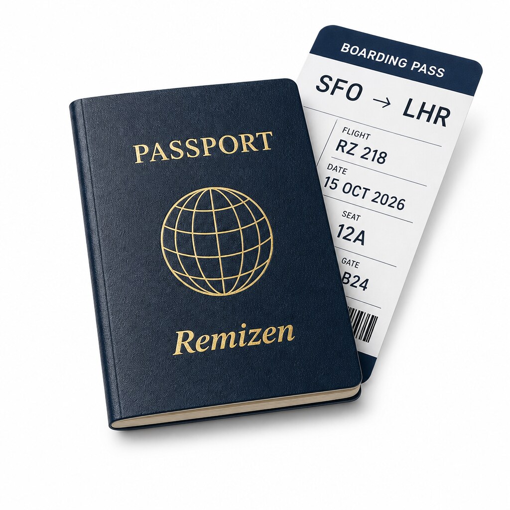 Navy leather Remizen passport with a gold globe emblem beside a boarding pass for flight RZ218 from SFO to LHR on 15 Oct 2026, seat 12A